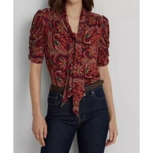Lauren Ralph Lauren Womens Paisley Jersey Puff-Sleeve Tie-Neck Top Size 2X